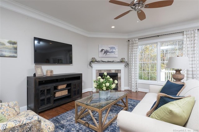 120 Yorkshire Ct Unit 120, Farmington, CT 06032 - living area with ceiling fan, crown molding, wood finished floors, a fireplace, and recessed lighting