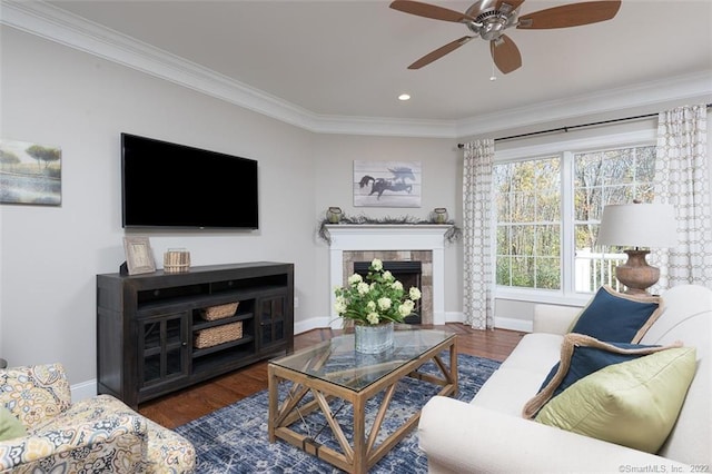 120 Yorkshire Ct Unit 120, Farmington, CT 06032 - living room with wood finished floors, ornamental molding, a ceiling fan, a tiled fireplace, and recessed lighting