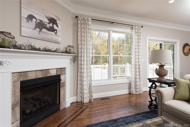 120 Yorkshire Ct Unit 120, Farmington, CT 06032 - living room with ornamental molding, wood finished floors, and a fireplace
