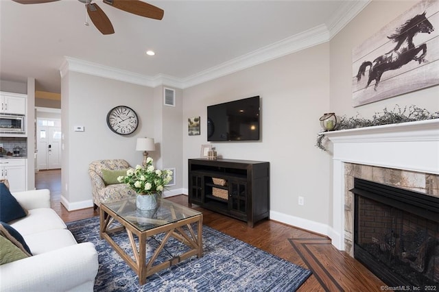 120 Yorkshire Ct Unit 120, Farmington, CT 06032 - living area featuring a ceiling fan, ornamental molding, wood finished floors, a tile fireplace, and recessed lighting