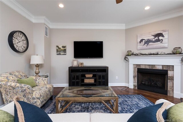 120 Yorkshire Ct Unit 120, Farmington, CT 06032 - living area with ornamental molding, wood finished floors, recessed lighting, and a tile fireplace