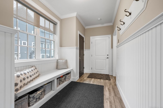 35 Bridgehampton Xing, Farmington, CT 06085 - mudroom featuring light wood-type flooring, ornamental molding, and wainscoting