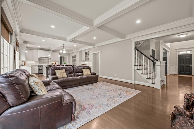 35 Bridgehampton Xing, Farmington, CT 06085 - living room featuring stairway, dark wood finished floors, beamed ceiling, coffered ceiling, and ornamental molding