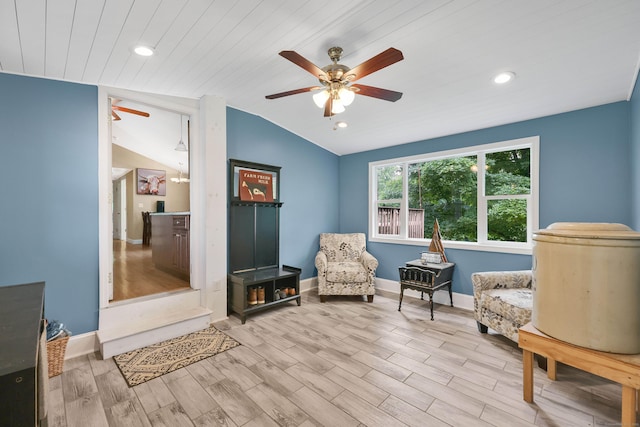 1117 N Grand St, Suffield, CT 06093 - living area featuring ceiling fan, vaulted ceiling, recessed lighting, wood finished floors, and wooden ceiling