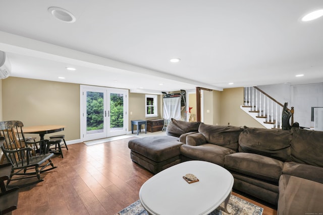 1117 N Grand St, Suffield, CT 06093 - living room featuring french doors, wood finished floors, stairway, and recessed lighting