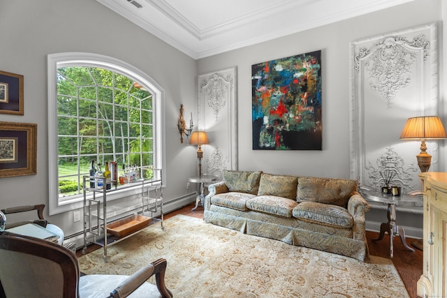 45 Shaker Ct, Guilford, CT 06437 - living room featuring wood finished floors and ornamental molding