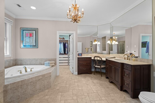 45 Shaker Ct, Guilford, CT 06437 - full bathroom featuring a chandelier, vanity, a garden tub, stone tile floors, and a stall shower