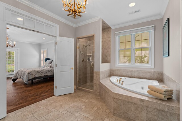 45 Shaker Ct, Guilford, CT 06437 - ensuite bathroom featuring a chandelier, a whirlpool tub, a stall shower, ornamental molding, and recessed lighting