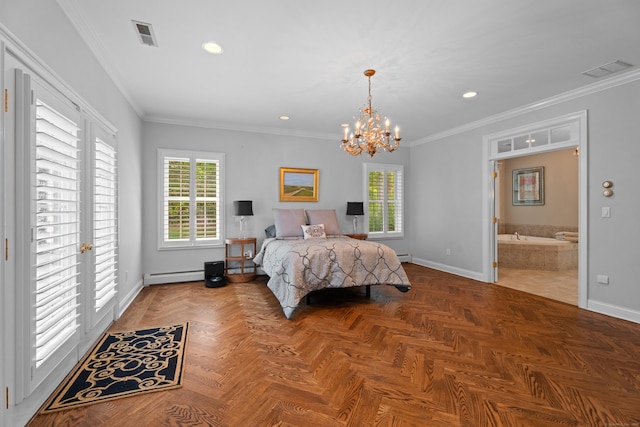 45 Shaker Ct, Guilford, CT 06437 - bedroom with baseboard heating, multiple windows, a chandelier, recessed lighting, and ornamental molding
