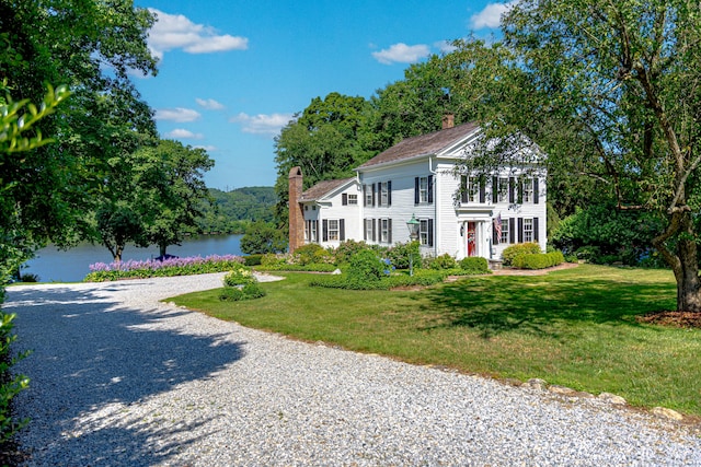 55 Main St, East Haddam, CT 06423 - colonial home featuring a chimney, a water view, and a front yard