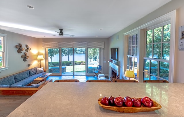 55 Main St, East Haddam, CT 06423 - living room featuring a ceiling fan, wood finished floors, a fireplace, and recessed lighting
