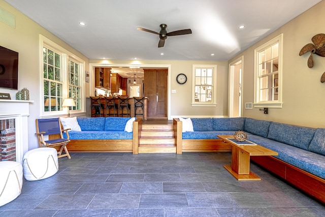 55 Main St, East Haddam, CT 06423 - living room featuring ceiling fan, recessed lighting, and a fireplace