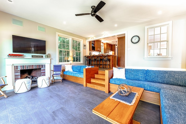 55 Main St, East Haddam, CT 06423 - living area with ceiling fan, a brick fireplace, and recessed lighting