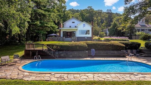 55 Main St, East Haddam, CT 06423 - outdoor pool with stairway, a wooden deck, a patio, and a lawn