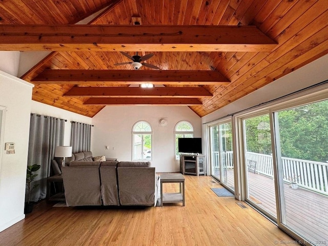 8 Breezy Knoll Ave, Wolcott, CT 06716 - living area featuring light wood finished floors, wooden ceiling, and ceiling fan