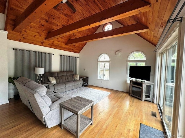8 Breezy Knoll Ave, Wolcott, CT 06716 - living room featuring a wooden ceiling with exposed beams, light wood-style floors, and high vaulted ceiling