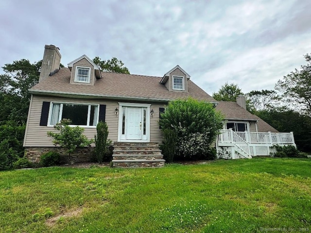 8 Breezy Knoll Ave, Wolcott, CT 06716 - cape cod-style house with a chimney, a front lawn, a wooden deck, and roof with shingles