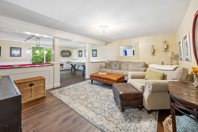 5 Goldfinch Ter, East Lyme, CT 06333 - living area featuring decorative columns, dark wood-style floors, beamed ceiling, and billiards table