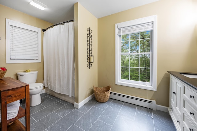 5 Goldfinch Ter, East Lyme, CT 06333 - full bath with baseboard heating, vanity, tile patterned floors, and a shower with shower curtain