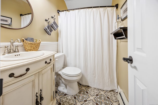 5 Goldfinch Ter, East Lyme, CT 06333 - bathroom with tile patterned flooring, vanity, curtained shower, a wainscoted wall, and baseboard heating