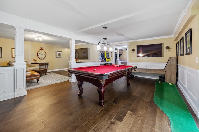 5 Goldfinch Ter, East Lyme, CT 06333 - playroom featuring decorative columns, dark wood-style flooring, crown molding, a wainscoted wall, and pool table