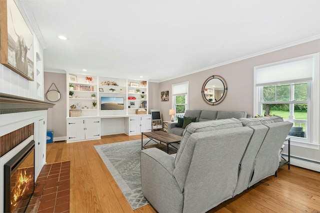 1027 Monroe Tpke, Monroe, CT 06468 - living room with a fireplace with flush hearth, ornamental molding, wood-type flooring, recessed lighting, and a baseboard heating unit