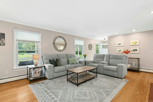 1027 Monroe Tpke, Monroe, CT 06468 - living room featuring crown molding, wood-type flooring, recessed lighting, baseboard heating, and a baseboard radiator