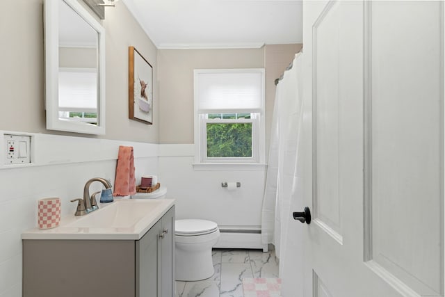 1027 Monroe Tpke, Monroe, CT 06468 - full bathroom with baseboard heating, marble finish flooring, vanity, crown molding, and a wainscoted wall