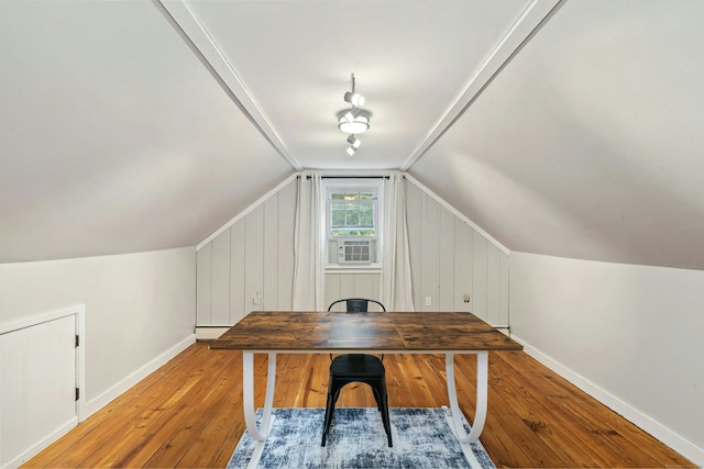 1027 Monroe Tpke, Monroe, CT 06468 - office area with wood-type flooring, lofted ceiling, baseboard heating, and cooling unit