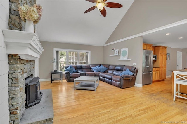 97 Cherry Swamp Rd, East Haddam, CT 06469 - living room featuring a ceiling fan, light wood-style floors, high vaulted ceiling, and recessed lighting