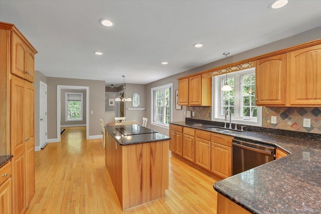 97 Cherry Swamp Rd, East Haddam, CT 06469 - kitchen featuring dishwasher, a center island, backsplash, light wood-style floors, and pendant lighting