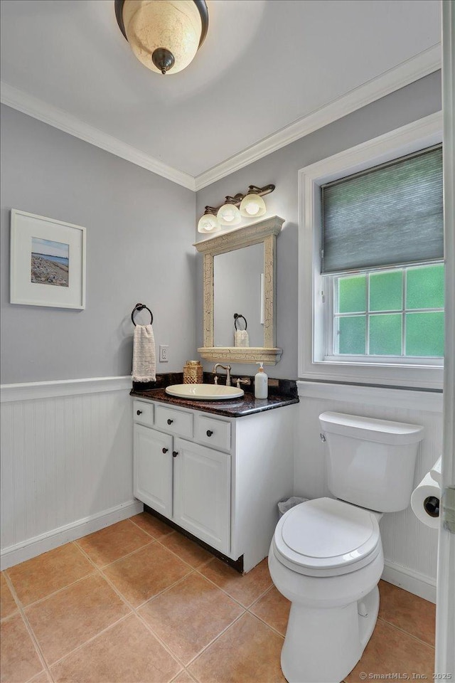97 Cherry Swamp Rd, East Haddam, CT 06469 - bathroom featuring ornamental molding, vanity, tile patterned floors, and wainscoting