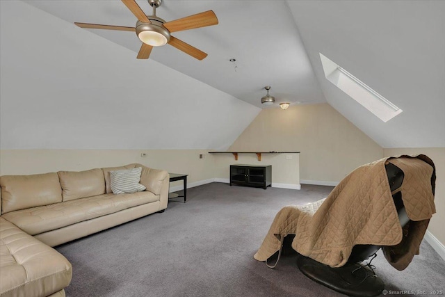 97 Cherry Swamp Rd, East Haddam, CT 06469 - carpeted living area with vaulted ceiling, a skylight, and ceiling fan
