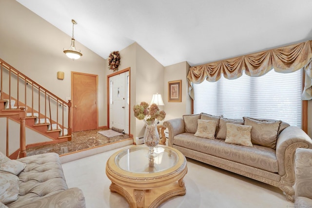 17 Landing Cir, Windsor, CT 06095 - living room featuring vaulted ceiling and stairs