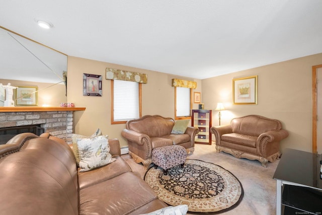 17 Landing Cir, Windsor, CT 06095 - living area with carpet floors, a fireplace, and baseboard heating