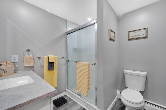 17 Landing Cir, Windsor, CT 06095 - bathroom featuring a baseboard heating unit, a stall shower, wood finished floors, vanity, and recessed lighting