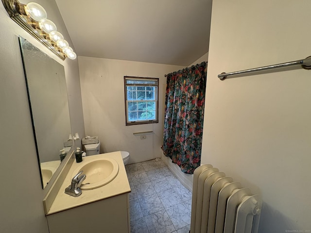 91 Hyde St, New Haven, CT 06512 - full bathroom with radiator heating unit, vaulted ceiling, vanity, marble finish floors, and shower / tub combo