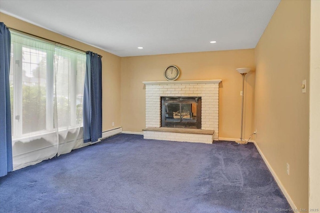 401 Berlin St, Southington, CT 06489 - unfurnished living room featuring a brick fireplace, dark colored carpet, a baseboard heating unit, and recessed lighting