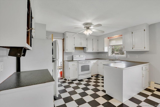 401 Berlin St, Southington, CT 06489 - kitchen with electric stove, light floors, ceiling fan, and white cabinets