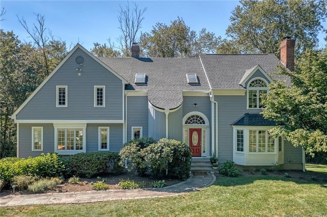 26 Ruscoe Rd, Wilton, CT 06897 - view of front of house with a chimney, a front yard, and roof with shingles