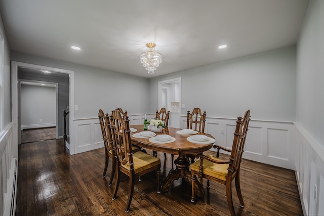 34 Roberts Rd, Marlborough, CT 06447 - dining area featuring a decorative wall, wainscoting, dark wood-style floors, baseboard heating, and recessed lighting