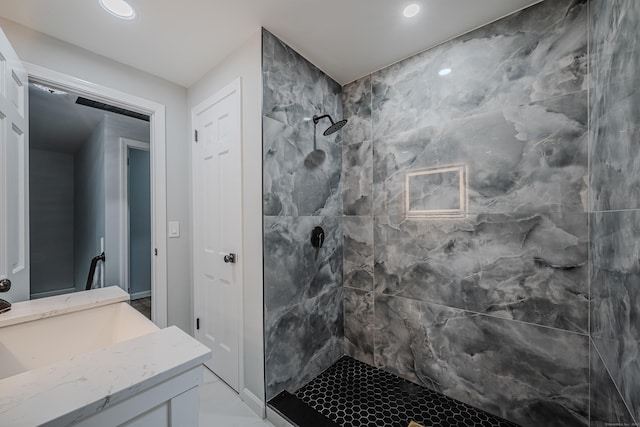 34 Roberts Rd, Marlborough, CT 06447 - bathroom with a tile shower, vanity, recessed lighting, and marble finish flooring