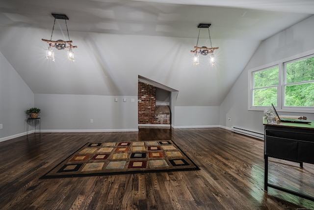 34 Roberts Rd, Marlborough, CT 06447 - additional living space featuring vaulted ceiling, a baseboard radiator, wood finished floors, and a chandelier
