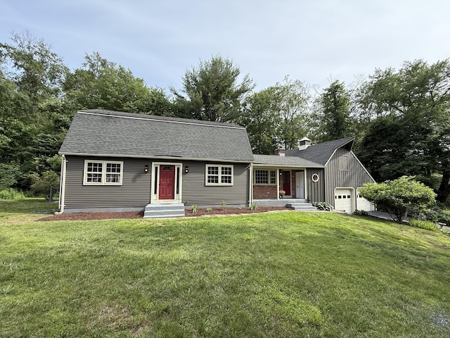 34 Roberts Rd, Marlborough, CT 06447 - dutch colonial featuring an attached garage, a front yard, a chimney, and roof with shingles