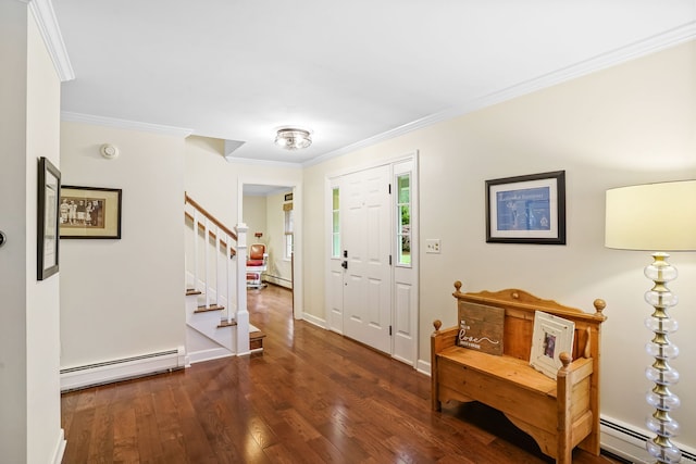 112 Greenbrier Rd, Trumbull, CT 06611 - foyer entrance featuring a baseboard heating unit, baseboard heating, wood finished floors, stairs, and crown molding