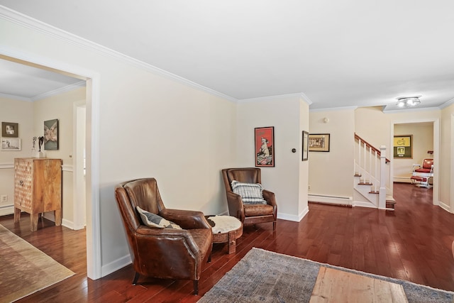 112 Greenbrier Rd, Trumbull, CT 06611 - living area featuring a baseboard radiator, wood-type flooring, stairway, and ornamental molding