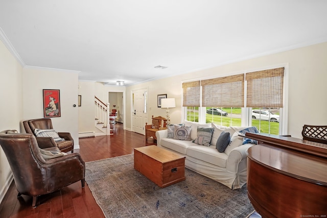 112 Greenbrier Rd, Trumbull, CT 06611 - living room with wood finished floors, a baseboard radiator, stairway, and ornamental molding