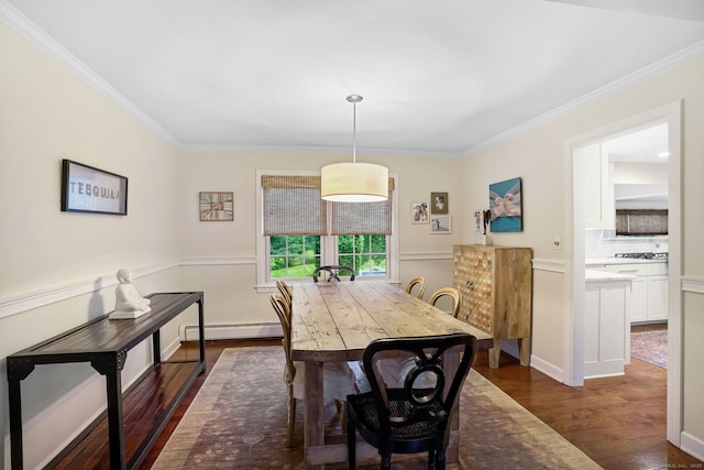 112 Greenbrier Rd, Trumbull, CT 06611 - dining room featuring a baseboard heating unit, dark wood-style floors, and ornamental molding