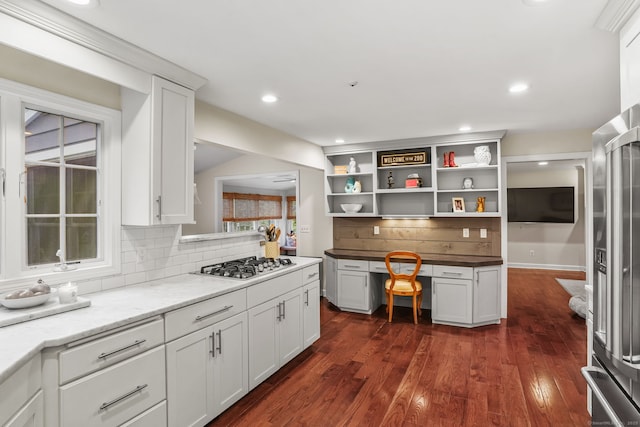 112 Greenbrier Rd, Trumbull, CT 06611 - kitchen featuring stainless steel appliances, decorative backsplash, dark wood finished floors, open shelves, and white cabinets