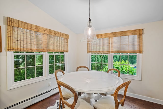 112 Greenbrier Rd, Trumbull, CT 06611 - dining room with a baseboard heating unit, lofted ceiling, and wood finished floors